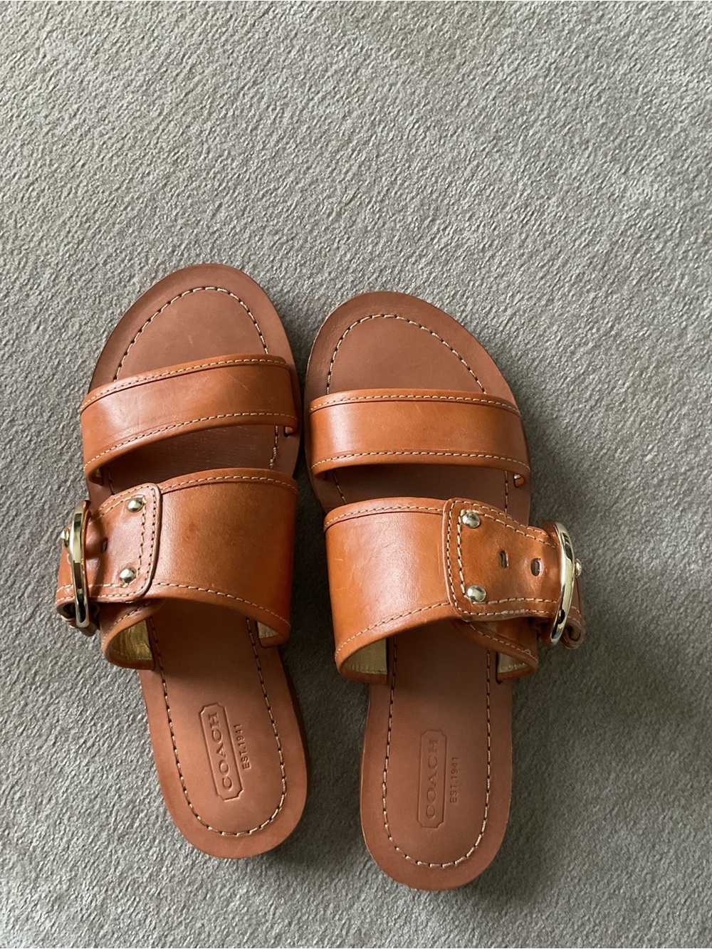 Coach Tan Leather Double-Strap Slide Sandals with Gold Buckle - Picture 4 of 9